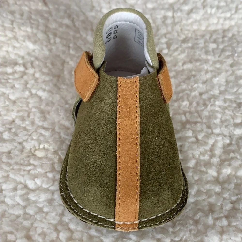 Pipit suede olive and tan stripe booties new in box size 4 unisex first walker